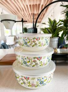 3pcs Enamel Baking & Serving Set, Multi-Functional Sealed Food Storage Containers, Provide 12/14/16 Capacity Storage Containers For Fruits And Vegetables, With Lids, For Fresh Produce, Portable Lunch Box, Freezer , Dishwasher Lunch Box, Patterned Design Fashionable Enamel Bowls With Lids, Soup Bowl, Salad Bowl, Enamel Fridge Container Microwave , Ideal For Home Kitchen, Office, School Lunch, Outdoor Camping Picnic.
