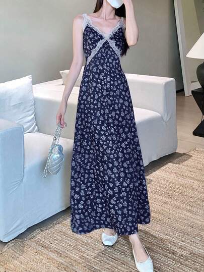 Đầm hai dây phối ren họa tiết hoa nhí, kiểu dáng thanh lịch và tôn dáng, hàng mới về mùa xuân, màu ngẫu nhiên.