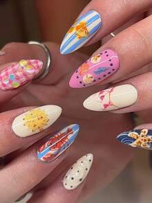 Hộp quà tặng 24 móng tay giả hình quả hạnh nhân, nghệ thuật làm móng bãi biển mùa hè, kiểu dáng vỏ sò, sao biển ba chiều, tôm hùm hoạt hình, cá chép, nhím biển, chấm bi xanh hồng, hạt cườm nhiều màu sắc, thích hợp cho kỳ nghỉ, quà tặng, đồ dùng thiết yếu cho chuyến đi biển, móng tay giả kèm keo thạch, 1 miếng dán, 1 miếng dụng cụ làm móng, móng tay - Nhiều màu - Xem 2