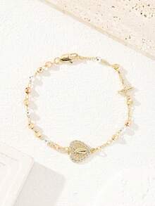 1 pieza Pulsera de cobre clásica hecha a mano con cuentas en forma de corazón de la Virgen María, adecuada para regalos a amigos y mejores amigas, adecuada para el uso diario y festivo de las mujeres - Amarillo Oro - Ver 1