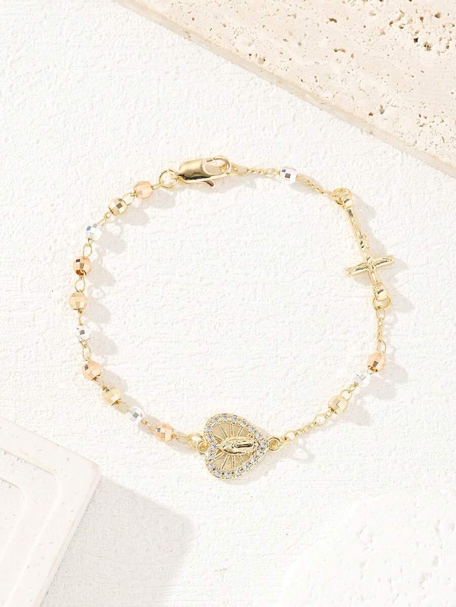 1 pieza Pulsera de cobre clásica hecha a mano con cuentas en forma de corazón de la Virgen María, adecuada para regalos a amigos y mejores amigas, adecuada para el uso diario y festivo de las mujeres - Amarillo Oro - Ver 1