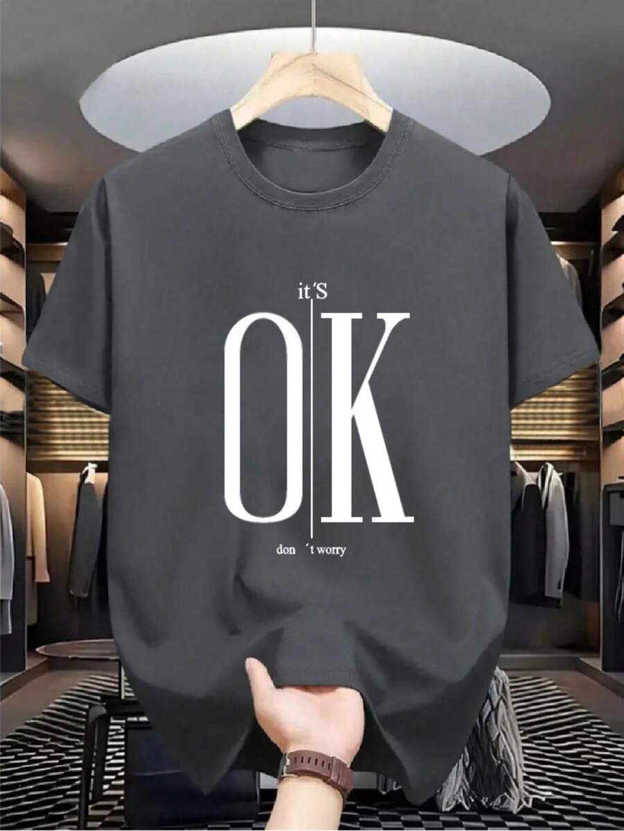 Teen Boys' Casual Ok Graphic Round Neck Short Sleeve T-Shirt, Fashionable & Versatile - Grey - View 1