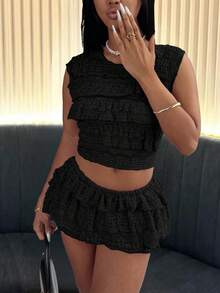 Spring & Summer Knit Lace Jacquard Ruched Round Neck Blouse And Mini Skirt 2pcs Set - Black - View 2