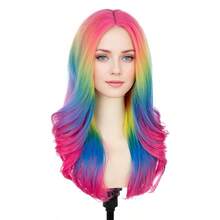 MBERON Women Rainbow Wig Long Colorful Wavy Curly Wig For Girls Adult Multi Color Wigs For Cosplay Party Multicolor Wigs With Cap7001 - 彩色 - 查看 5