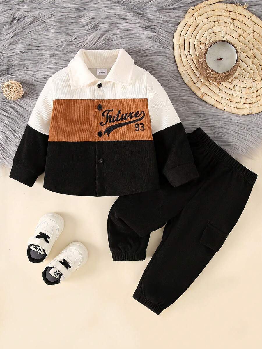 Set de 2 piezas de chaqueta con bordado de letras y pantalones largos de unicolor para bebés niños, para otoño/invierno - Negro - Ver 1