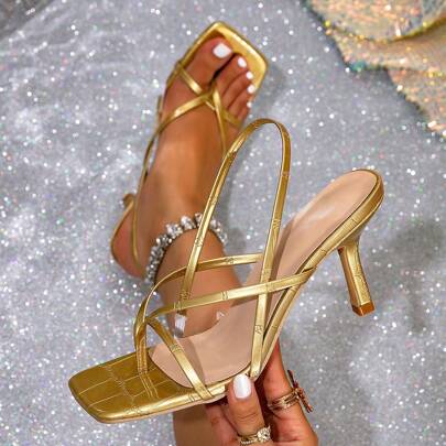 Women's High Heel Sandals, New Summer Square Toe Strap Open Toe Stilettos, Elegant Criss-Cross Stilettos Thong Sandals