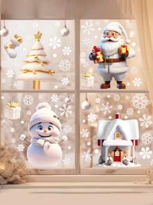 113 件/4 张可重复使用的圣诞窗贴，圣诞老人、驯鹿、雪花家居装饰，商店展示，节日派对，易于粘贴和移除，双面圣诞窗贴，白色雪花静电玻璃贴花，节日装饰窗贴圣诞装饰圣诞装饰家居