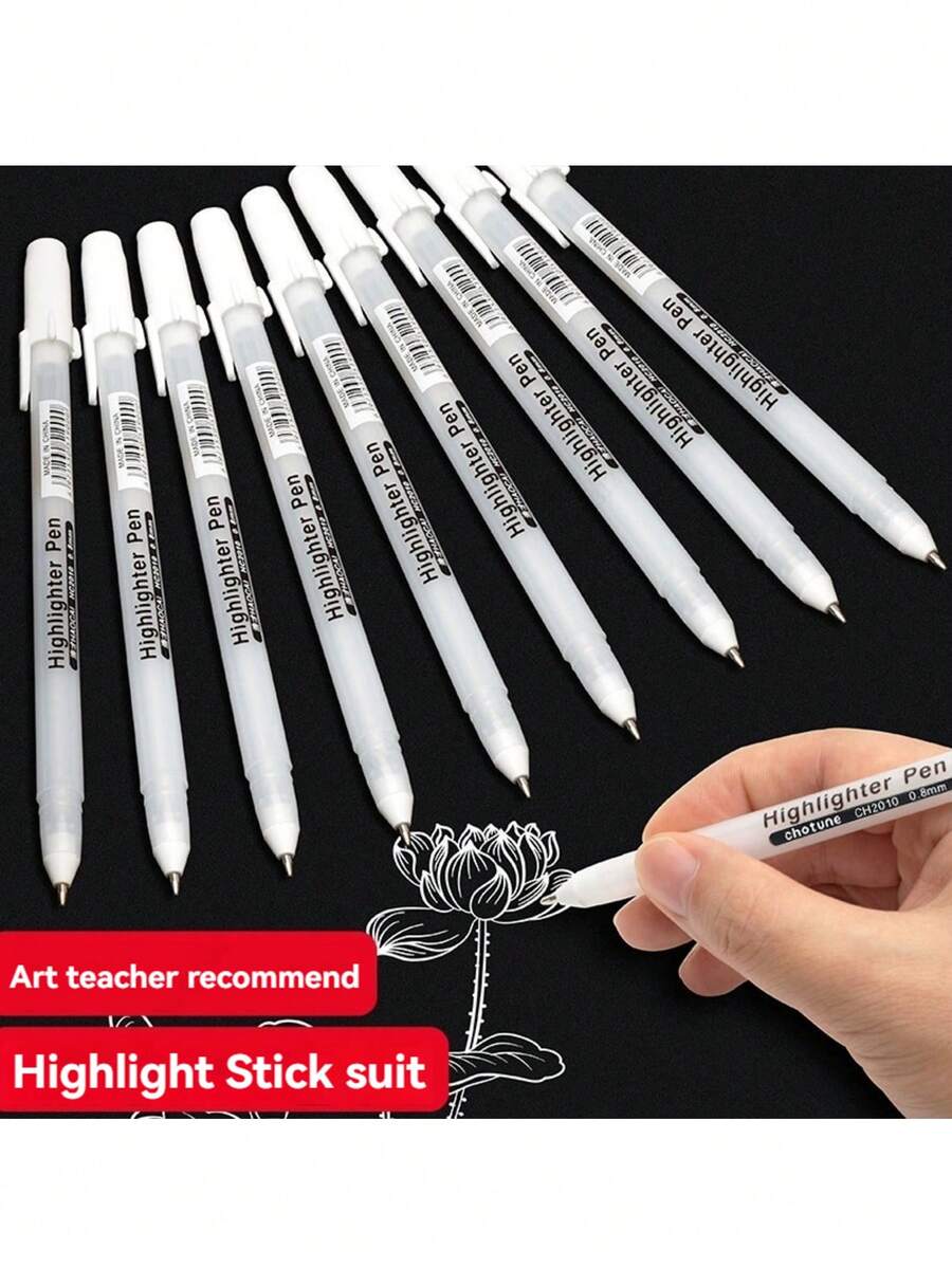 白色/金色/银色凝胶笔套装 0.8mm 细尖素描笔 适用于黑色纸张 绘画设计插画 白色凝胶笔 美术用品
