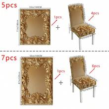 1 件/5 件/7 件豪华金色图案桌布和椅套套装（5 件包括 4 个椅套和 1 张桌布，7 件包括 6 个椅套和 1 张桌布），适合家庭聚会的节日风格，长方形桌布适合方桌，弹性椅套适合室内餐厅 - 彩色 - 查看 3