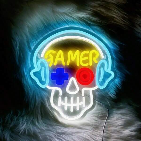 GAMER Skull-Shaped LED Neon Sign - USB Powered, Perfect For Game Rooms, Bedrooms & Bars, Wall Decor Gift For Gamers