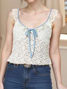 Women's Lace Cropped Camisole Ruffled Sweetheart Neck Slim Fit Tank Tops For Summer Streetwear