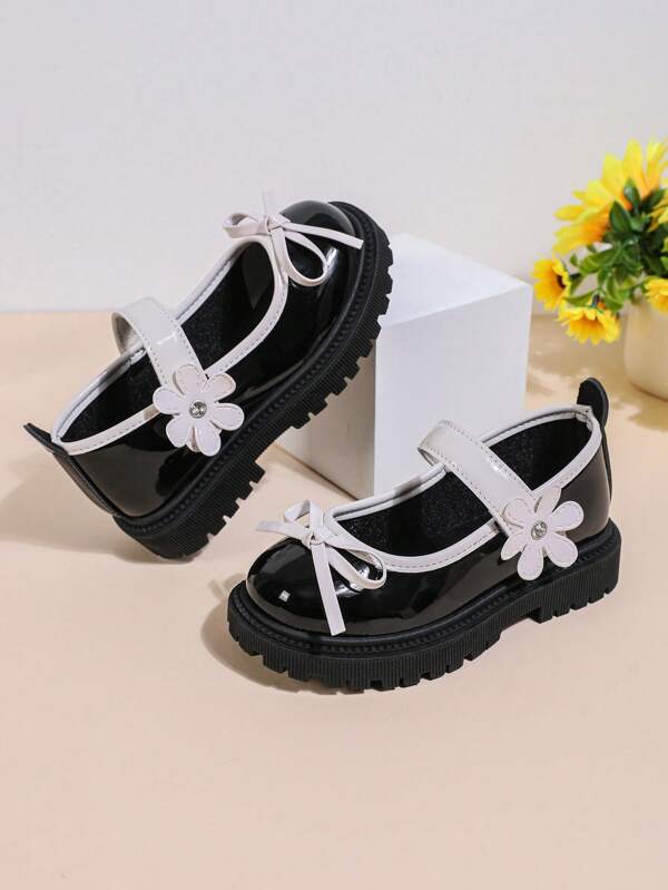 1 Pair Girls Kids Mary Jane Flats, PU Leather Mirror Finish, Flower Decor, Round Toe, Platform Sole, Casual Comfortable School Shoes, Suitable For Toddlers Daily Wear, Autumn New Arrival