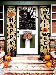 2 件/套万圣节主题门廊横幅 - 南瓜、幽灵、蝙蝠图案，营造节日氛围，耐用聚酯纤维悬挂标志，尺寸 30x180 厘米，适用于室内外万圣节装饰 | 家居装饰 | 房间装饰 | 派对装饰。无需电力 - 黑色黃色 - 查看 6