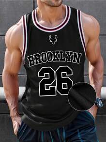 Men's Fashion Brooklyn Graphic Basketball Number 26 Splicing Round Neck Sleeveless Casual Basketball Jersey, Minimalist Style, Suitable For Spring And Summer