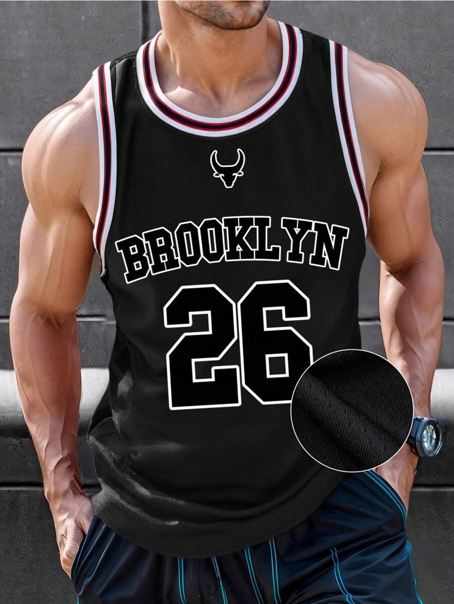 Men's Fashion Brooklyn Graphic Basketball Number 26 Splicing Round Neck Sleeveless Casual Basketball Jersey, Minimalist Style, Suitable For Spring And Summer