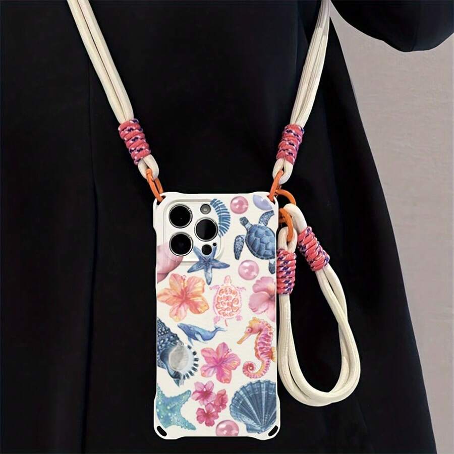 Funda para teléfono 1 pieza Una elegante correa para el hombro tipo bandolera, patrón Correa para el hombro tipo bandolera Correa de mano anticaída de cuatro esquinas Funda protectora para teléfono móvil Puede colgarse hacia atrás Funda para teléfono móvil suave adecuada para la serie 12 13 14 15 16 Pro Pro Plus - - Colores mixtos 1 - Ver 1