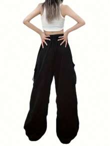 Women Parachute Drawstring Pockets Cargo Pantalones Casual Loose Fit Baggy Pants  Y2k Clothing - 黑色 - 查看 2