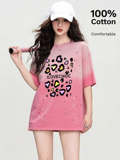 JUTU 女士水洗渐变色卡通印花短袖中长款纯棉T恤，夏季上衣