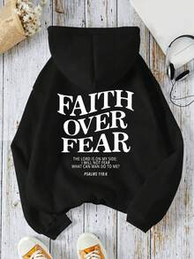 Women's Hooded Sweatshirt With Slogan Front And Back Print, Long Sleeves, Drawstring Front Pockets - Black - View 2