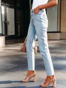 European & American Style Women Casual Versatile Stretch Fitted Light Blue Washed Denim Straight Leg Jeans, Daily Wear - Light Blue - View 4