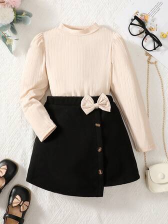 Girls Autumn/Winter Fashion Set, Puff Sleeve Splice Round Neck Top + Fashionable Single-Breasted Bow Decor Woolen Skirt 2pcs Suit, Suitable For 4-7 Years Old Girls Daily Wear