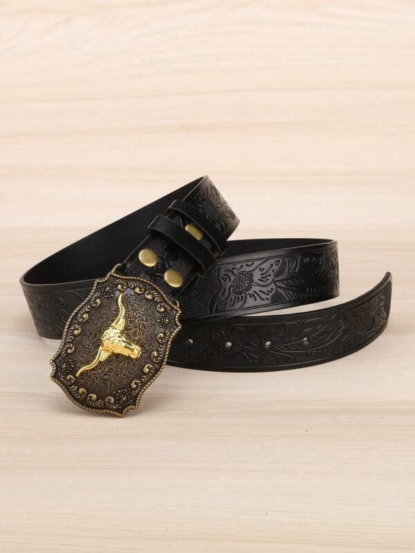 1pc Men's Black Western Cowboy Belt, Cow Head Pattern Printed Leather Belt, Gift For Boyfriend