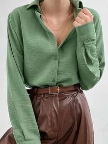 Camisa casual feminina de manga comprida com gola simples e abotoamento simples, estilo elegante