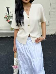 DEEKA欧美风女装夏季毕业百搭简约横针织短袖V领运动针织上衣 - 杏色 - 查看 3