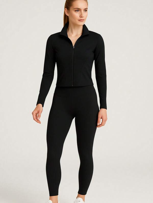 CHERRY KOKO 3 Stücke/Set Damen Gingham Splice elastisch Rundhals Langarm Tailliert mit Polsterung Mittellang Lässig Sportanzug, geeignet für Gym, Frühling, Sommer, Herbst