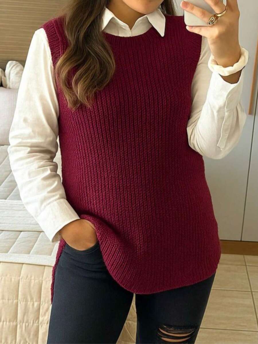 Women Burgundy Knitted Mulet Vest Side Slit Pullover Fashion Luxury Simple Casual Wool Knitted Evening Holiday Daily Fall/Winter WM Knitwear - 紫紅色 - 查看 1