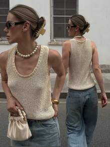 Modische Damen Oversize Lässig Chic Süß Glänzend Strukturierte Asymmetrischer Saum Rundhals Ärmellos Strick Top, Damen Sommer Urlaub