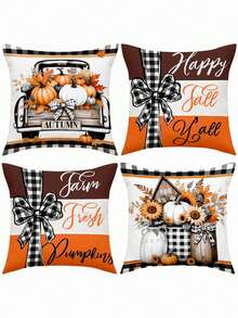 4 件套 Hello Fall 枕套，彩色条纹南瓜卡车格子枕套，涤纶面料拉链单面印花靠垫套，秋收家居装饰，适合派对用品、家用沙发床椅、农舍户外露台装饰