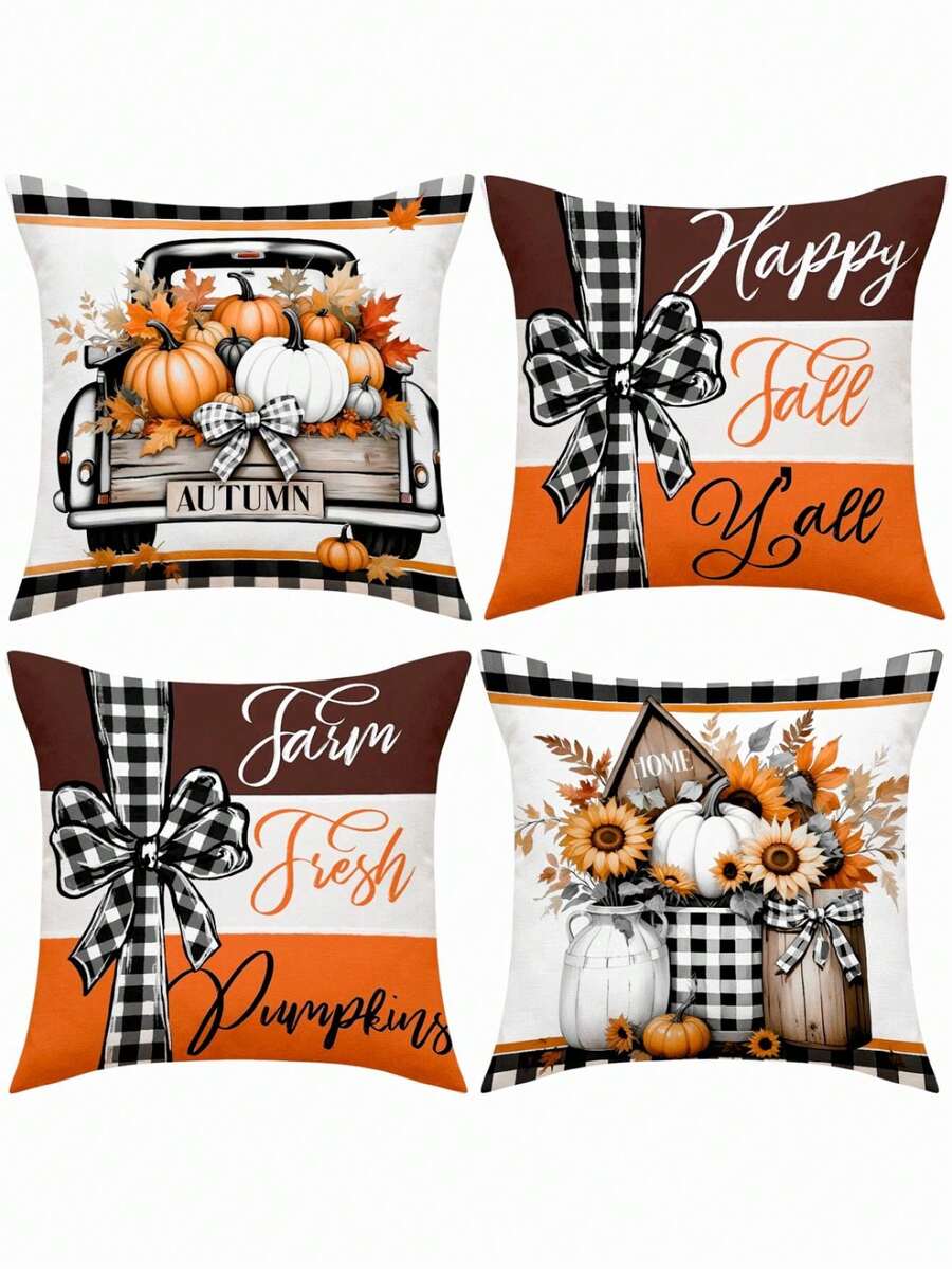 4 件套 Hello Fall 枕套，彩色条纹南瓜卡车格子枕套，涤纶面料拉链单面印花靠垫套，秋收家居装饰，适合派对用品、家用沙发床椅、农舍户外露台装饰