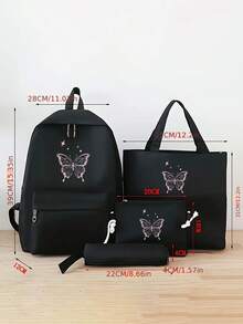 Conjunto de mochilas escolares simples e funcionais com estampa de borboleta Y2K, 4 peças, mochila da moda, bolsa de ombro de grande capacidade, bolsa para lápis portátil, porta-moedas, estilo universitário Y2K, estilo casual, adequado para adolescentes, estudantes do ensino fundamental e médio, faculdade e ensino médio, perfeito para atividades ao ar livre, viagens e volta às aulas, material escolar para a volta às aulas, mochila escolar para meninas - Preto - Ver 6
