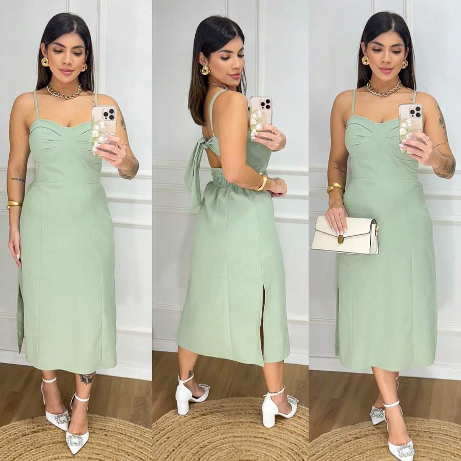 ''Elegant Women's Midi Dress With Slits And Adjustable Straps. Summer Fashion . Simple, Split - Màu xanh Bạc hà - Xem 1