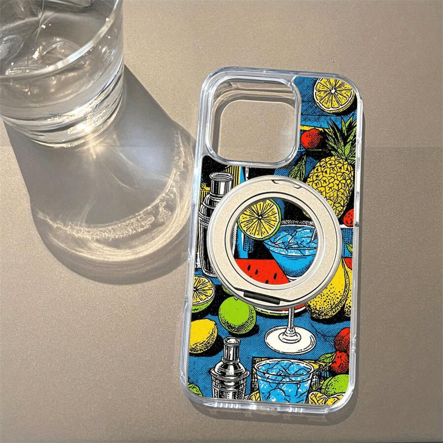 Caja del teléfono 1PC Highball Cup Patrón de diseño de piña, Acrílico trasero de alta transparencia Soporte de atracción magnético giratorio fuerte, Caja del teléfono Base suave transparente Soporte de pie anti-caída, Adecuado 16Promax, 16 15Pr - transparente - Ver 1