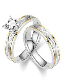 2pcs Stainless Steel Couple's Rings, Fashion Versatile Minimalist Bicolor Artificial Diamond Wedding Ring Set