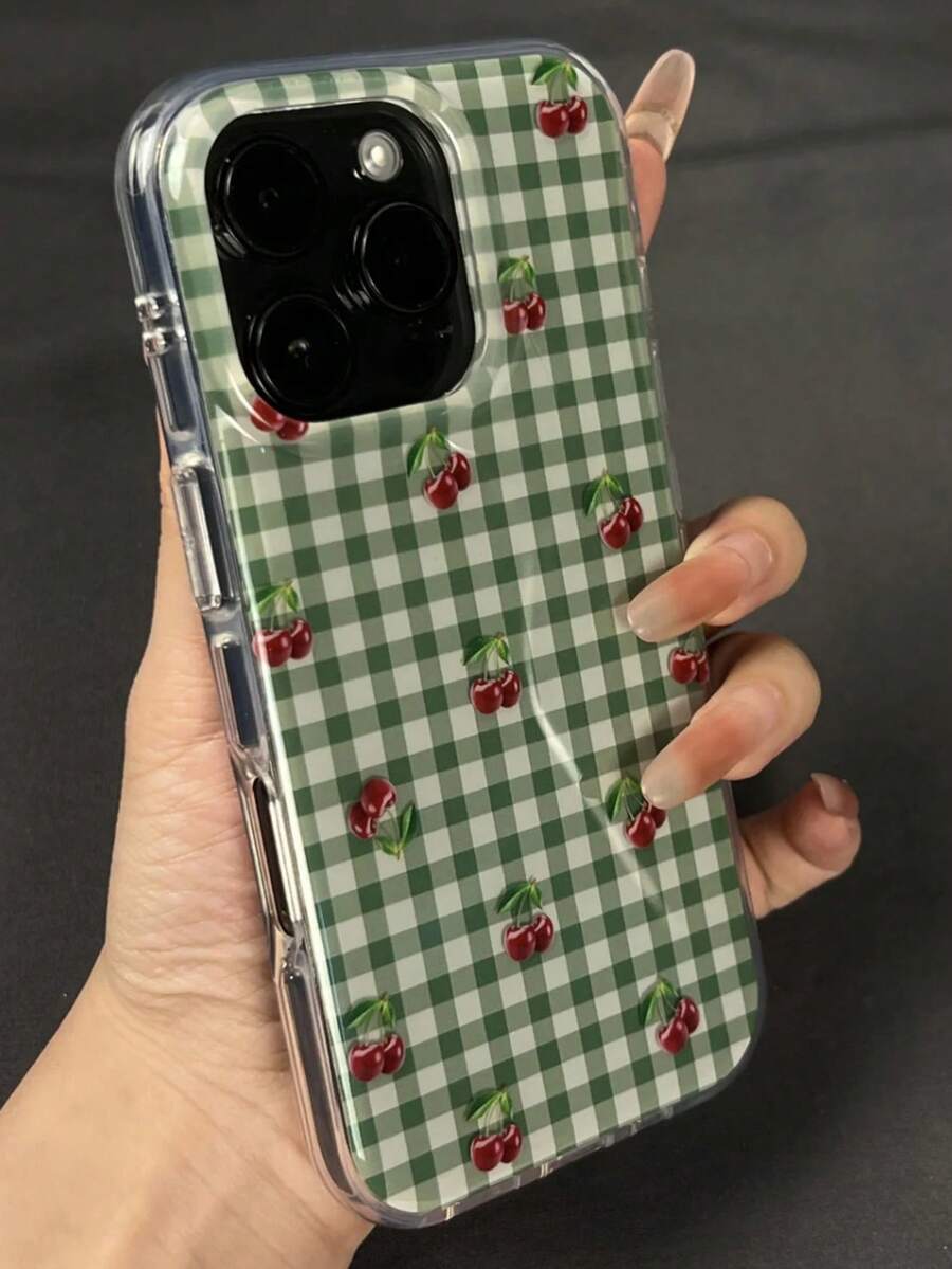 可爱时尚樱桃格子亮面手机壳适用于 16 15 14 13 Pro Max 创意可爱防震保险杠保护套