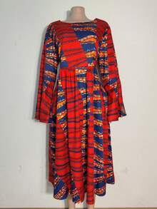 Gaun Liburan Kasual Lengan Lebar Motif Bunga Vintage Ukuran Besar - MultiWarna - View 3