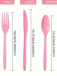 Zestaw 10/30 szt. różowych plastikowych naczyń stołowych, idealny na imprezy festiwalowe, Dzień Matki, wesela, urodziny i spotkania – modne noże do ciasta, widelce i łyżki – idealne na formalne wydarzenia i do jadalni