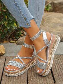 Women's Rhinestone Studded Criss-Cross Woven Ankle Strap Platform Sandals, Shiny Reflective Silver Thick Bottom Wedge Toe Open High Heel Shoes, Summer Vacation Daily Casual Wear - Silver - View 3