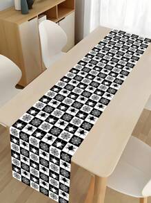 1pc/100pcs 35*180cm Halloween Spider Web Printed Polyester Tablecover - Black & White Check Design, Spider & Web Interwoven, Suitable For Halloween Party, Home Gathering, Dinner Table Decor, Classic Black & White Tone