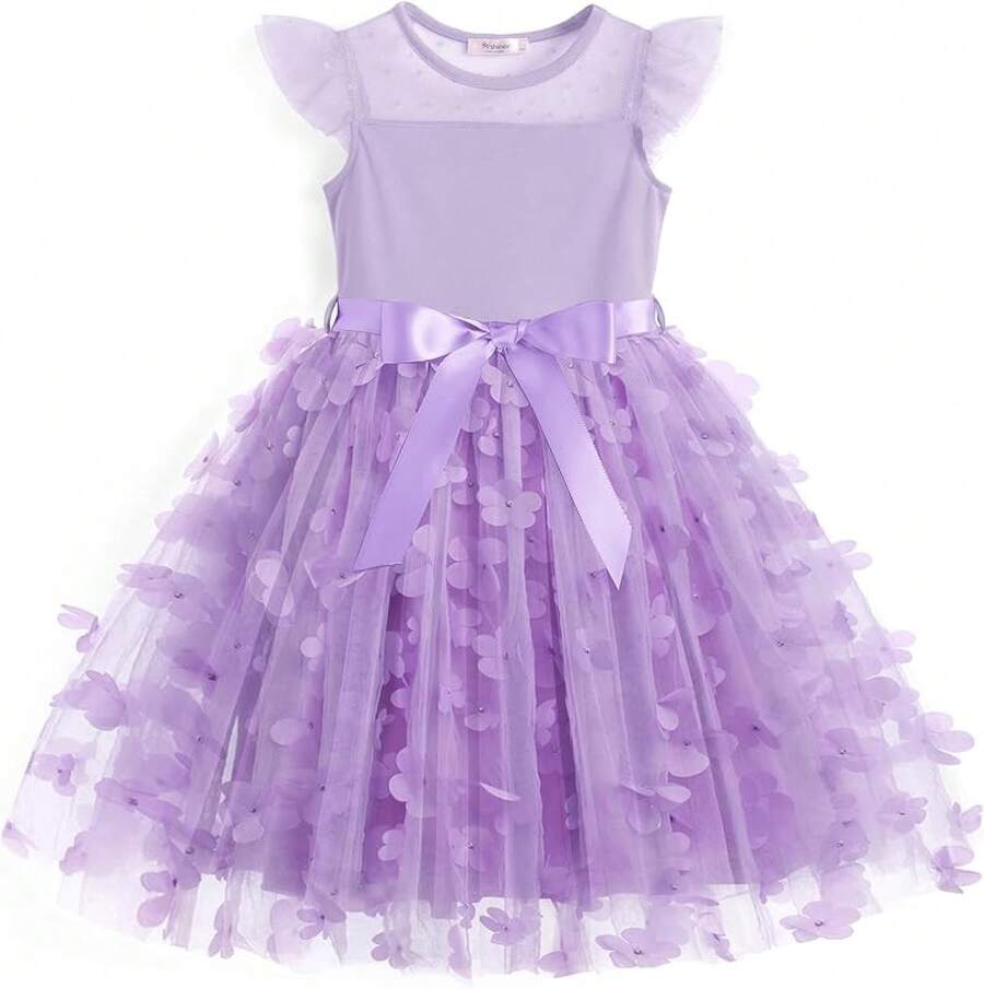 Toddler Girls Tutu Dress Summer Contrast Mesh Party Dresses Cute Princess Tulle Sundress With Belt 2-8Y - 紫色的花 - 查看 1