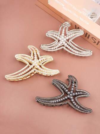 1pc Fashion Beach Rhinestone Pearl Starfish Hair Claw Clip, Minimalist Korean Style, Suitable For Summer Beach, Very