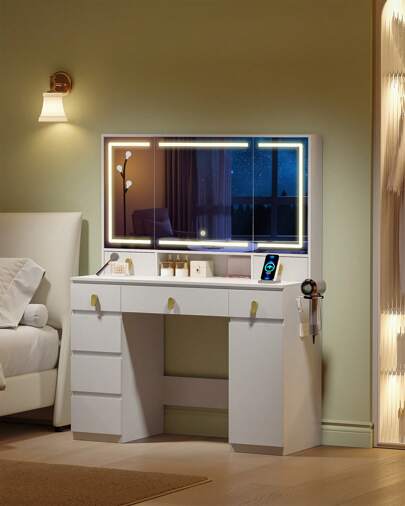 Hzuaneri Dressing Table, HD Large Mirror, Vanity Desk With 3 Color LED Lights, Adjustable Brightness, Vanity Table With Power Strip And Hair Dryer Rack, 8 Drawers, 1 Storage Cabinet, White