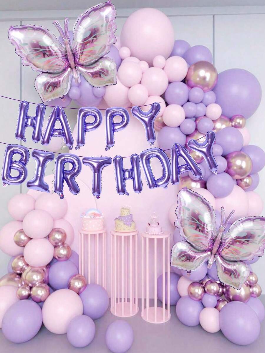 13/86 件 16 英寸紫色生日快乐气球套装，大号蝴蝶铝箔气球和紫粉色乳胶气球适合生日派对，蝴蝶主题装饰 - 彩色 - 查看 1