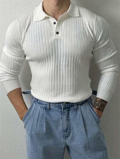 New Fashion Business Casual Turndown Collar Half-Zip Comfortable Knitted Sweater Long Sleeve Men Pullover, Solid Color Ribbed Knit Men Polo Shirt, Suitable For Formal And Casual Occasions, Men Outerwear Top