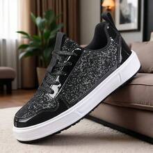 畅销平底休闲时尚运动鞋，女士时尚百搭休闲鞋，防滑耐磨轻便运动鞋，纯色 PU 鞋面，闪亮休闲滑板鞋，适合所有季节 - 黑色 - 查看 9