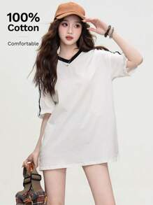 Fashionable Women Loose Casual T-Shirt With Raglan Sleeve And Striped Trim