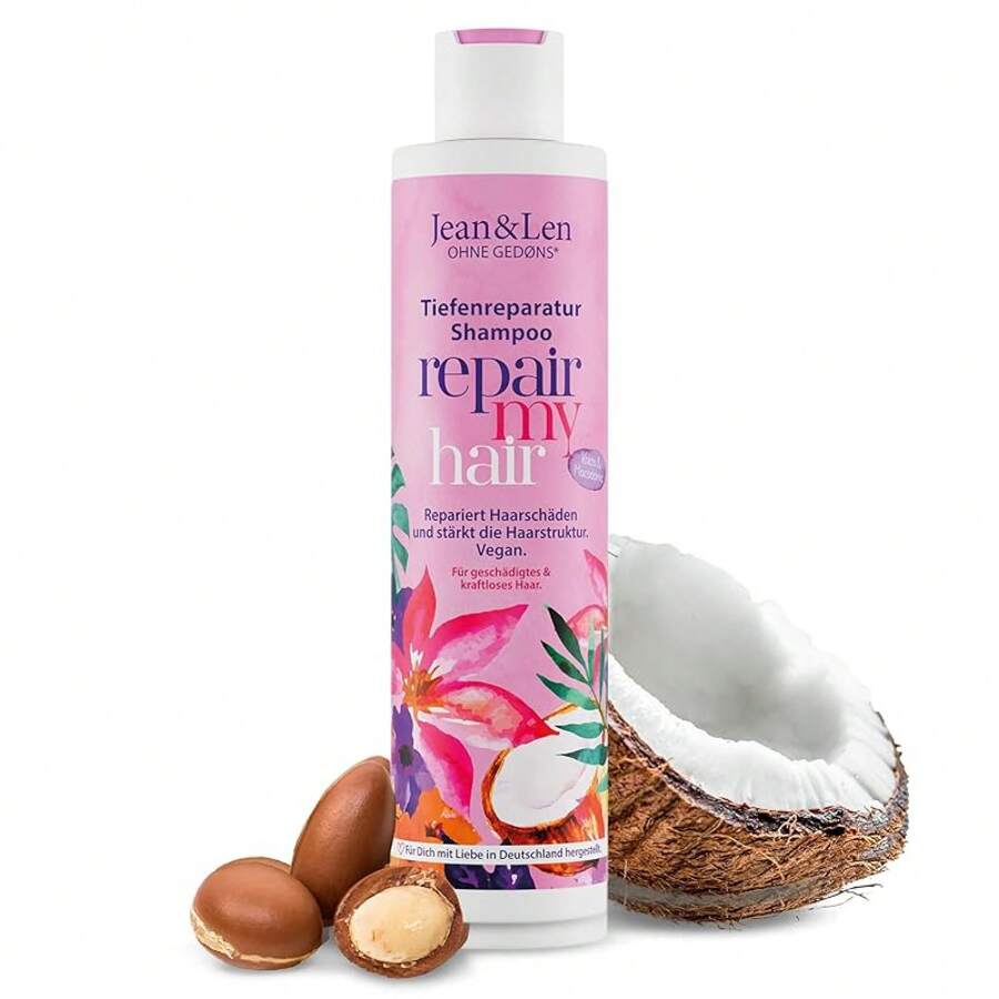 Jean & Len Shampoo Repair Coconut Oil & Macadamia, For Damaged & Weak Hair, Prevents Moisture Loss, Repairs Hair Damage, Coconut Scent, Without Parabens & Silicones, Vegan 300 Ml - White - View 1